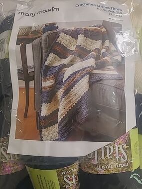 Mary Maxim Kit Crocheted Stripes Throw in Blue, Cream & Brown